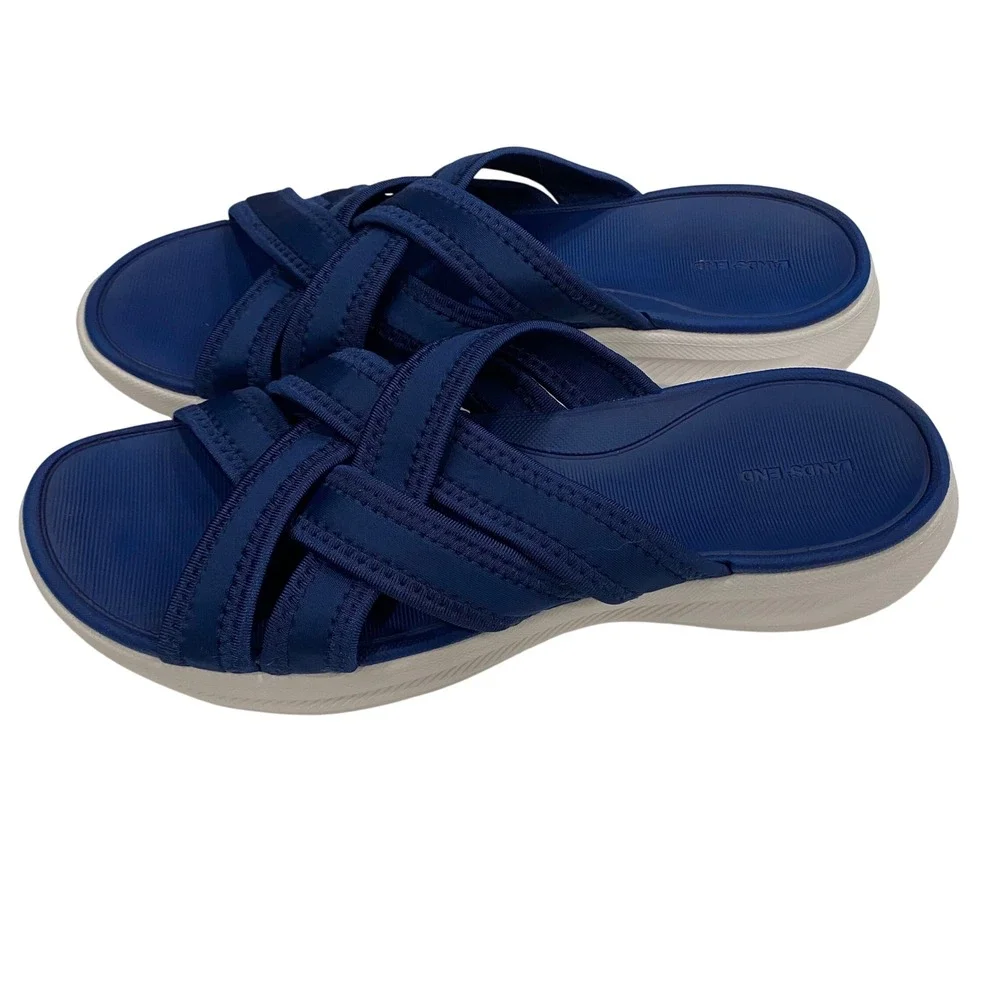 Lands End Women Navy Blue Crisscross Multi Strap Slide Sandals Sporty Comfort 12
